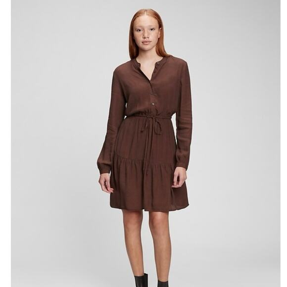 NWT GAP Brown Mini Tiered Dress Sz Small TALL Contemporary Drawstring Breathable - Picture 1 of 13